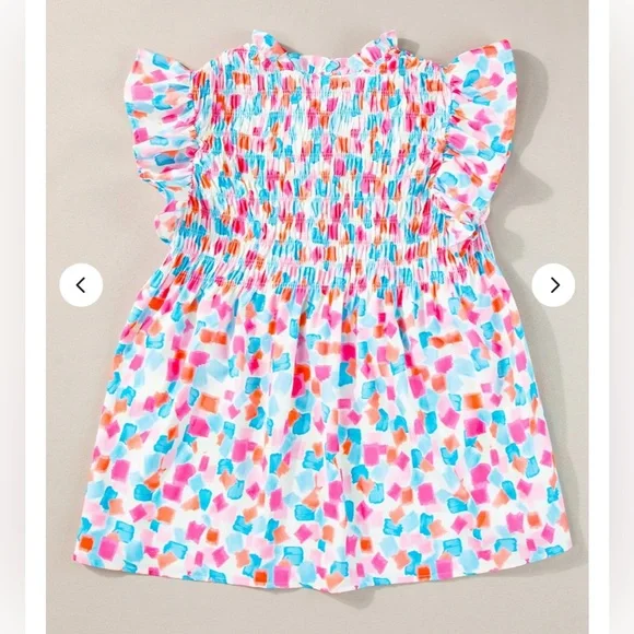 Avara Colorful Watercolor Print Smocked Babydoll Top in Pink, Blue, Green - Picture 10 of 11